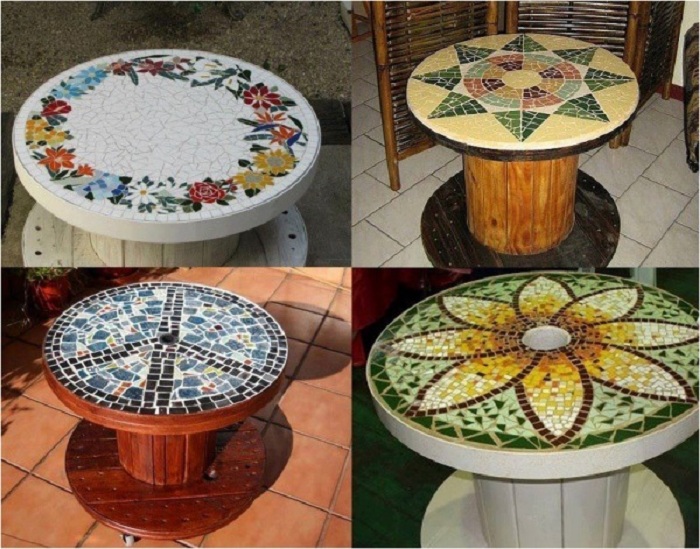 Интересный вариант оформления стола-катушки, который украшен яркой и невероятной мозаикой.