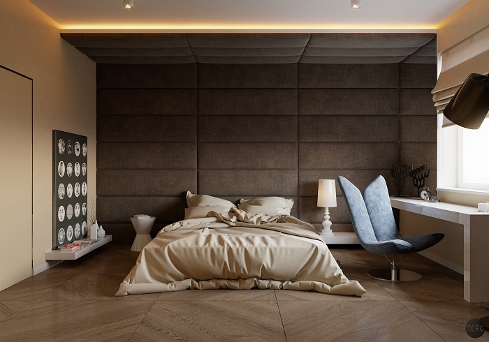 Невероятная нежная спальня в кремово-шоколадных тонах с очаровательной текстурированной стеной.