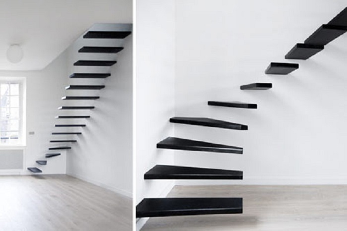 Стальная плавающая лестница - просто удивительный и настоящий образец минимализма в интерьере.
