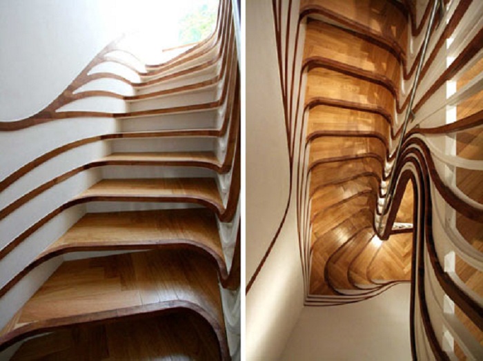 Прекрасный и необычный вариант оформления лестницы волнами, то что удивит по-настоящему.