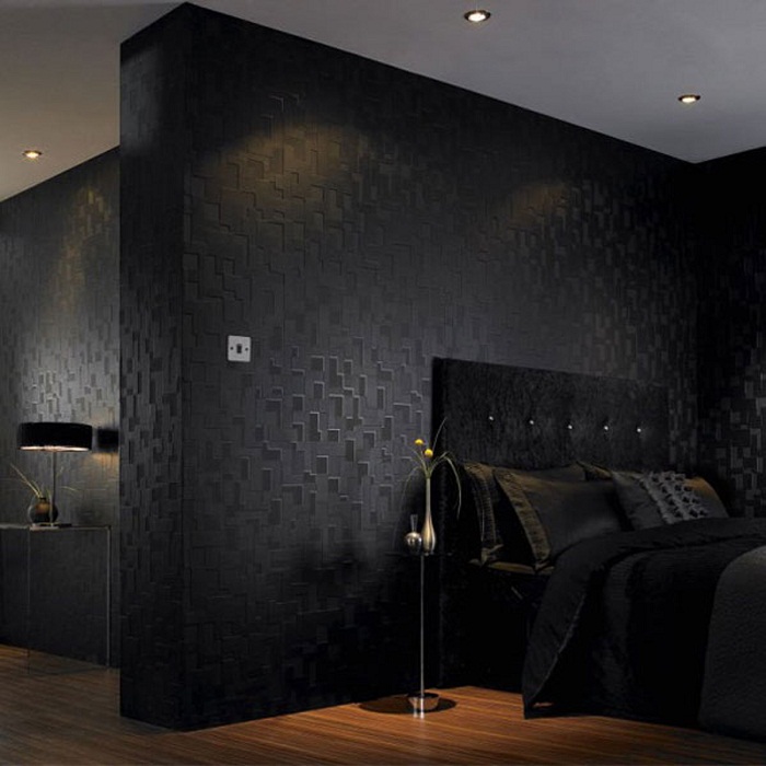 Спальня декорированная в черном цвете - оригинальная интерьерная находка.
