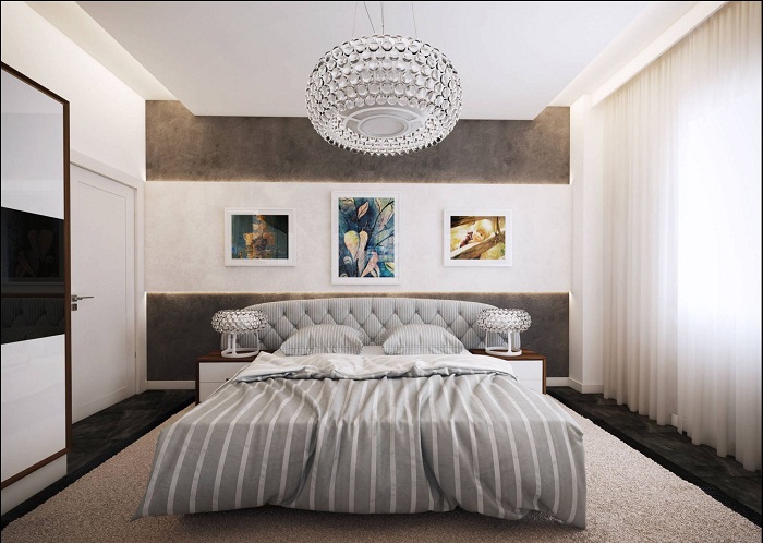 Крутой пример оформления спальной с добавлением серых оттенков.
