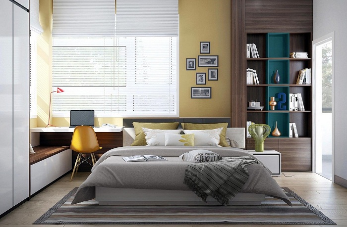Прекрасный вариант оформить интерьер спальной с помощью горчичного цвета.