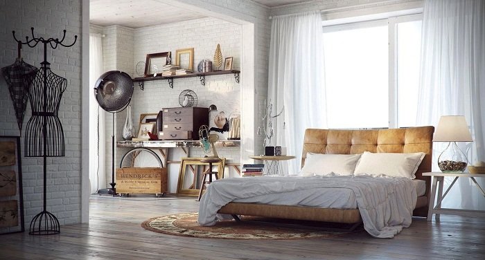 Спальня оформлена в современных тенденциях с кирпичной кладкой, что украсит интерьер определенно.