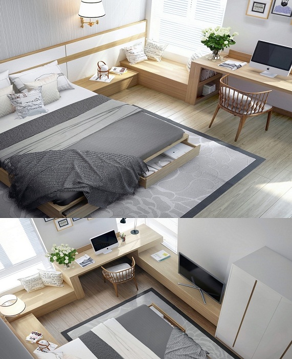Комната для сна оформлена в современных тенденциях с применением деревянных текстур.