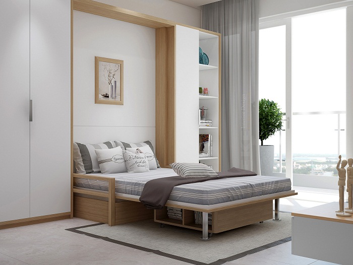 Красивый интерьер спальной создан благодаря просто отличным и практичным решениям.