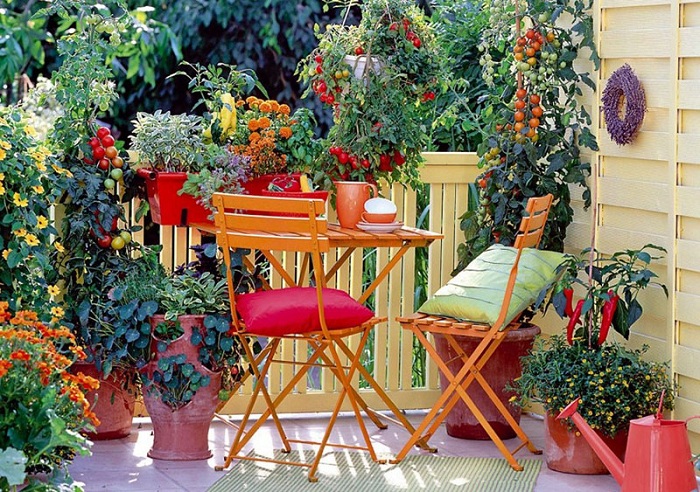 Хороший вариант декорирования места в саду при помощи цветов и удобных мест для сидения.