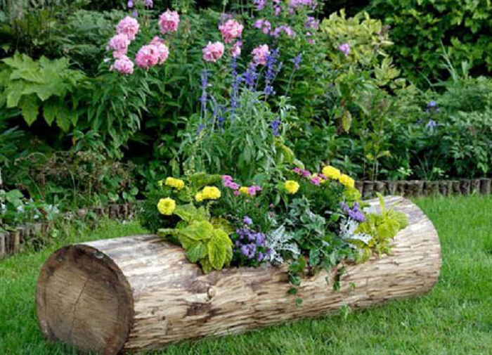 Отличный вариант создать горшок из бревна, то что понравится и украсит сад.