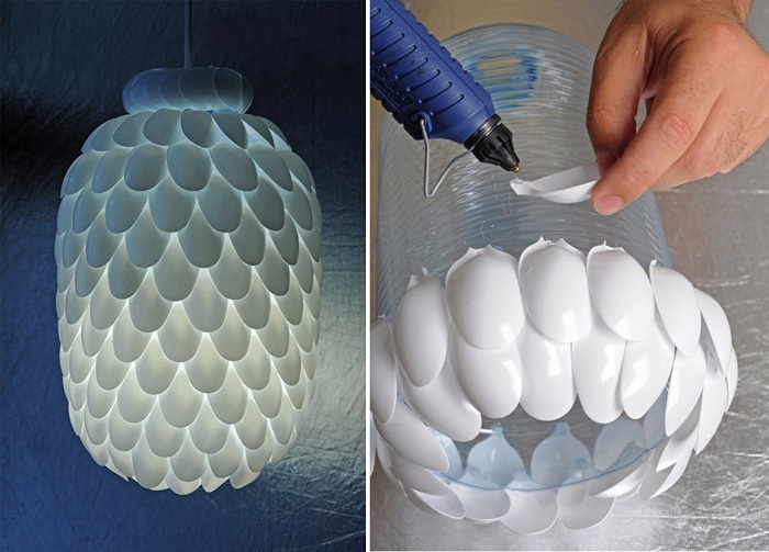 Красивая лампа, которую возможно создать из подручных пластиковых ложек.