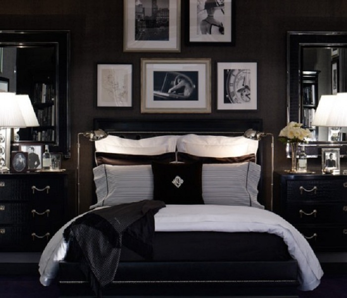 Необычный вариант оформления спальни в черно-белом цвете.