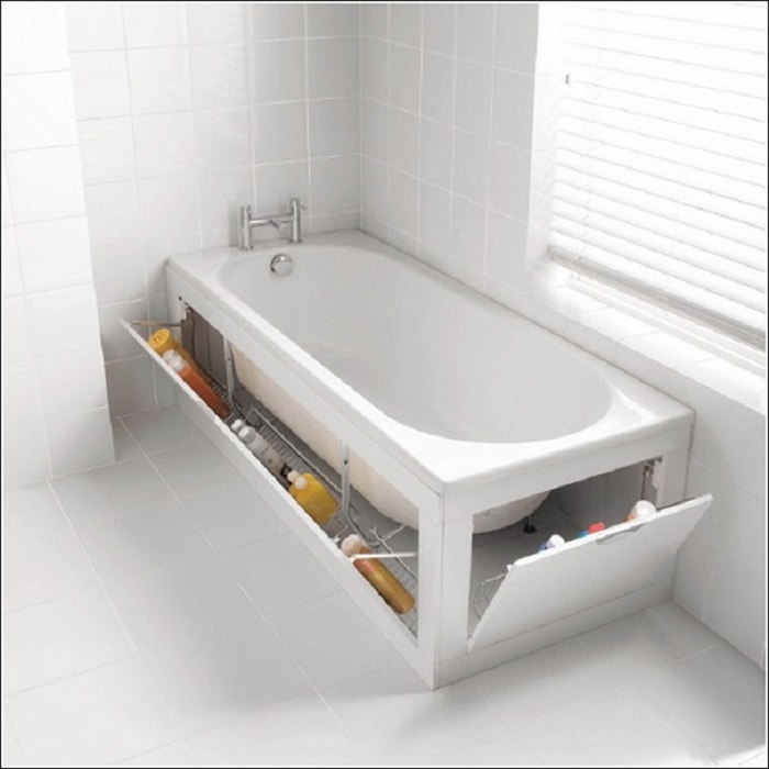 Интересные варианты оформления ванной комнаты, которые позволят максимально скрыть нужные вещицы для жизни.