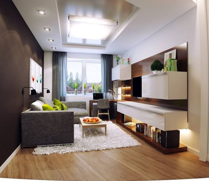 Оформление гостиной с контрастными стенами позволит расширить пространство.