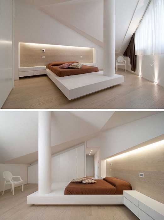 Интересный пример декора спальной с кроватью на платформе и отменной подсветкой.
