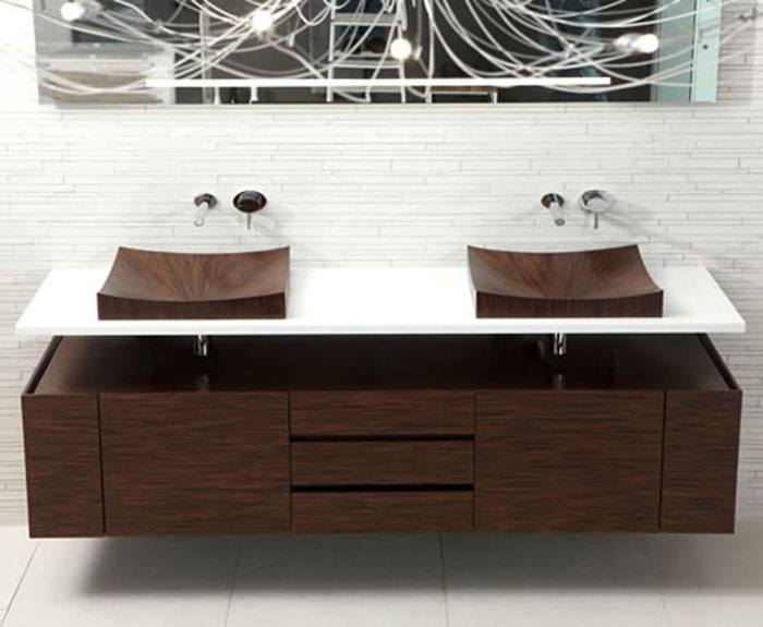 Оформление ванной комнаты парой оригинальных деревянных раковин, что впечатлят и создадут уютный интерьер.