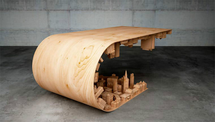 Креативный журнальный столик сделали из стали и дерева