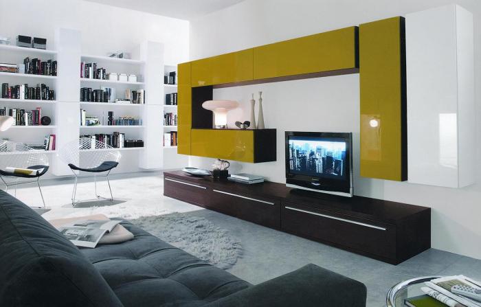 Современный интерьер гостиной комнаты, в которой ярким пятном выделяется зона для просмотра телевизора.  