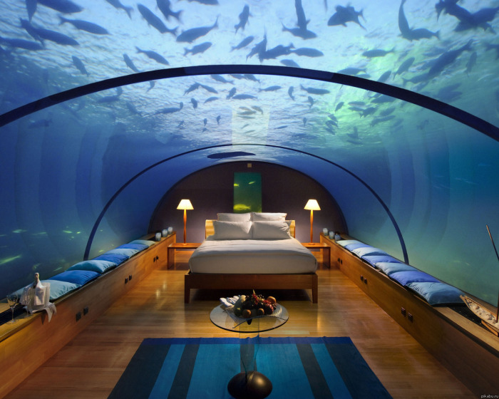 Спальная комната, которая расположена на дне огромного водоёма. 