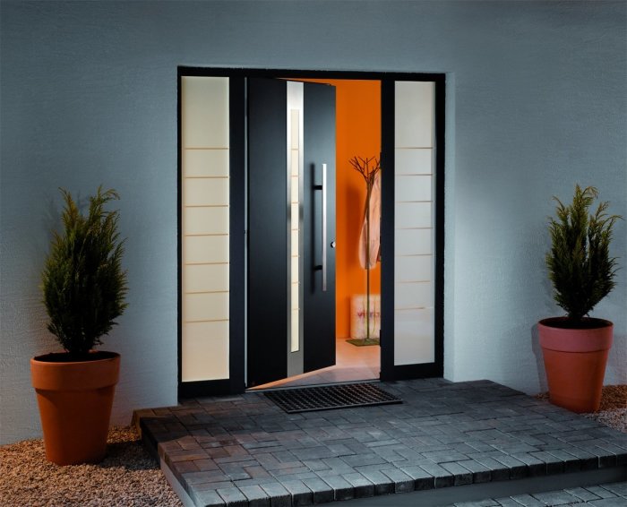 Классическая матовая входная дверь, которая обеспечивает комфортный вход в помещение.