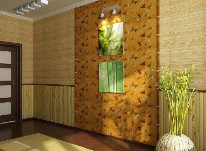 Необычные обои из натуральных бамбуковых растительных волокон в современном интерьере гостиной комнаты.  