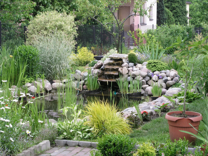 Небольшой пруд, украшенный природными камнями, станет лучшим декоративным украшением дачи или загородного дома.  