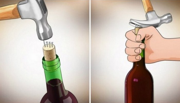 С помощью молотка и гвоздей можно открыть бутылку вина.