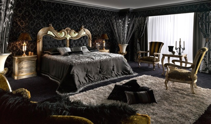 Изысканный интерьер спальни в черном цвете. 