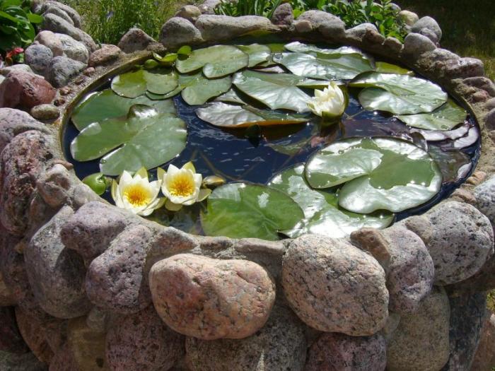 Миниатюрный пруд, декорированный камнями. 
