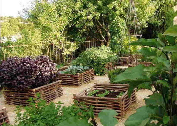 Сделайте из веток плетеную оградку для каждого огородика, удобно сажать, поливать и к каждому мини-огороду удобно подходить.