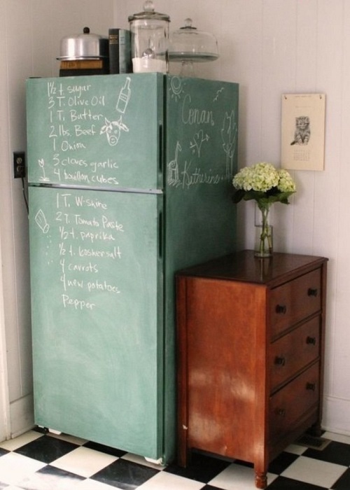 В таком холодильнике можно не только хранить продукты и еду, но и оставлять записи для домочадцев или написать нужный рецепт при его готовке.