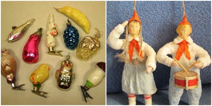 Слева направо: Новогодние игрушки с креплениями в виде прищепок. \ Пионеры.