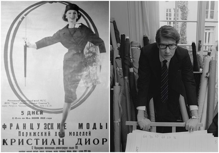 Слева направо: Рекламный листок с показами Christian Dior в Москве в 1959 году. \ Французский модельер Ив Сен-Лоран.