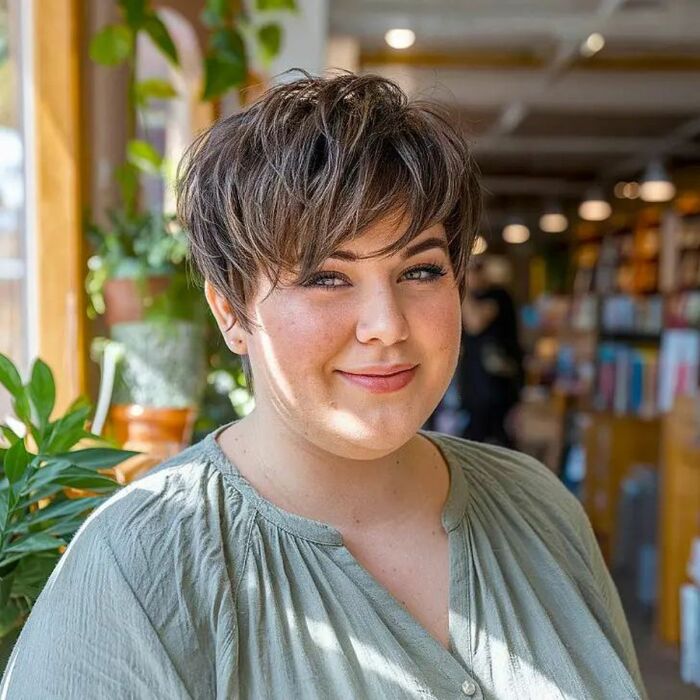 Пикси с текстурированными слоями такде подходит обладательницам крупных лиц.