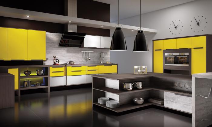Сдержанные цвета и оттенки в сочетании с ярко-жёлтым придадут кухне особый шарм и изюминку.
