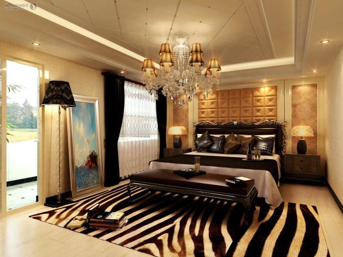Роскошная спальня, выполненная в золотых тонах и оттенках.