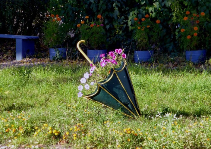 Симпатичная клумба из зонта, которая украсит ваш сад.