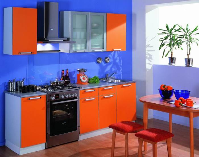 Кухня с синими стенами и красной мебелью.