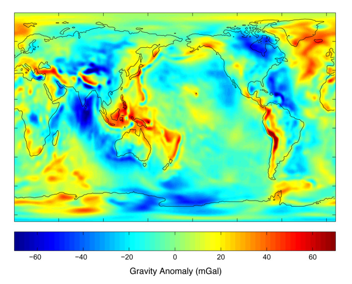 Карта гравитационного поля Земли. Красным цветом показаны области повышенной гравитации. /Фото: eoimages.gsfc.nasa.gov