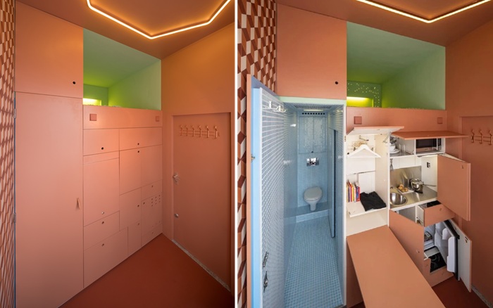 Кухонный уголок спрятан в мебельный блок (This Cabanon). Кухонный уголок спрятан в мебельный блок (This Cabanon).