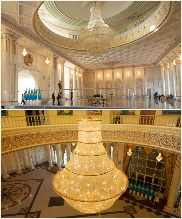 В главном холле хрустальная люстра закреплена на высоте 17 метров и имеет вес 3,5 тонны («Акорда», Нур-Султан).