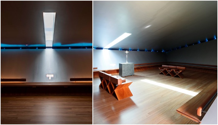 По периметру центрального зала внедрена полоска из синего стекла и крестообразное отверстие, пропускающая свет (Chapel of Eternal Light, Португалия).
