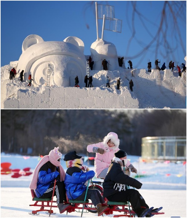 Посетители Harbin Ice and Snow World смогут не только полюбоваться ледяными статуями и снежными городками, но и покататься на лыжах и санках (Китай).