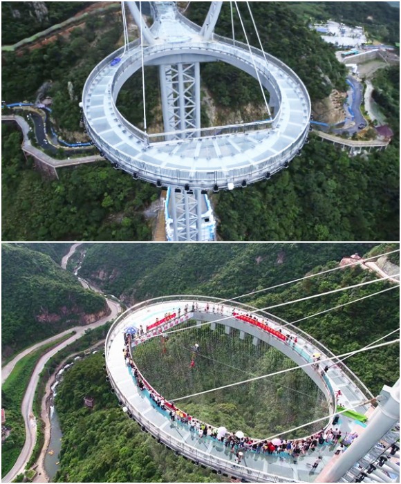 Стеклянная конструкция может выдержать одновременную нагрузку до 400 тонн (Huangtengxia Tianmen Sky Walk, Гуандун).