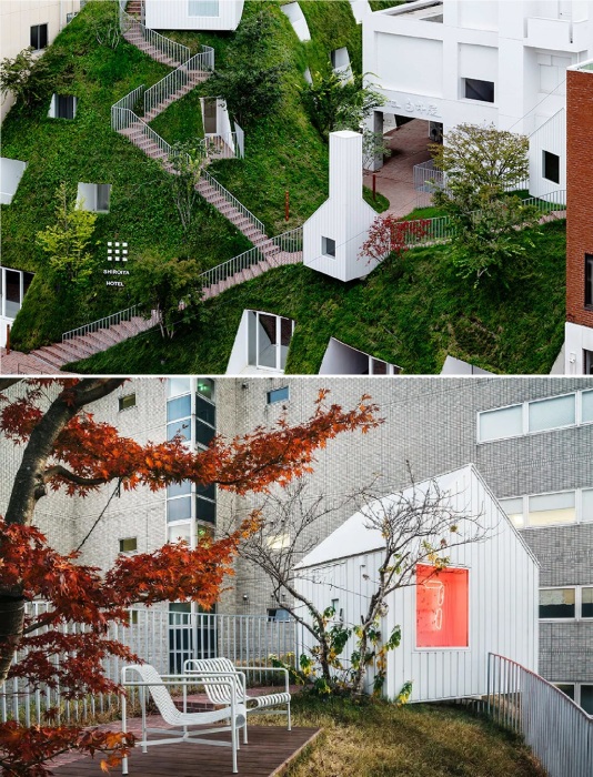 Из некоторых номеров «Зеленой высотки» есть выход на балконы, окруженные буйной растительностью (Shiroiya Hotel Green Tower, Маэбаси).