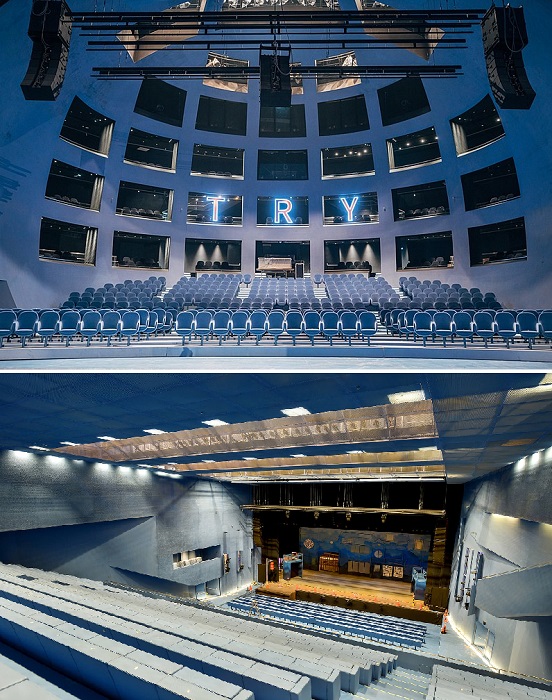 Большой зал предусматривает ассиметричное расположение основных структурных элементов, а сцена Многопрофильного театра оформлена в стиле «черный ящик» (Taipei Performing Arts Center, Тайвань).