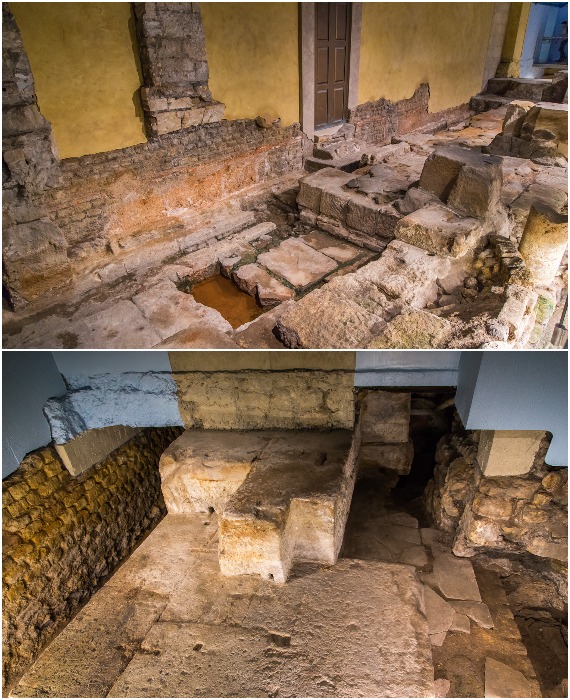 Фрагменты римского банного комплекса, которые можно увидеть в подвалах (Aquae Sulis, Бат). 
