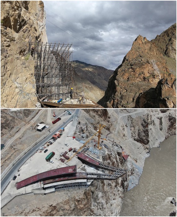 Смотровая площадка и подвесной мост через реку требовали строительство фундамента и туннельного крепления на боковой стене скалы (Тибет).