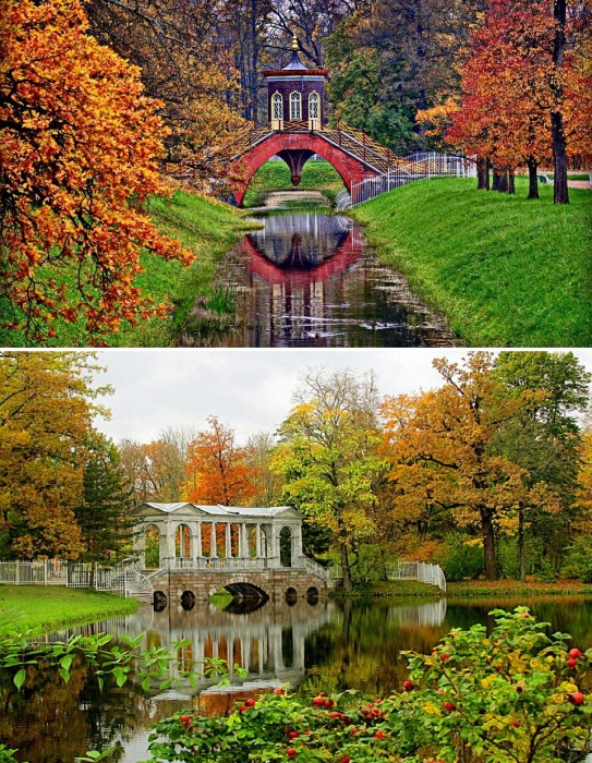 В дворцовых парках и садах на протяжении нескольких веков создано множество озер, каналов и мостов.
