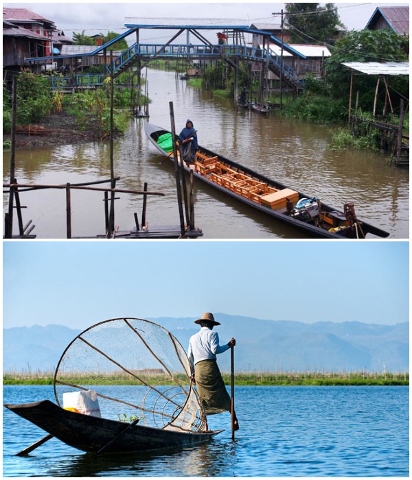 В деревню можно добраться лишь на лодке (озеро Инле, Мьянма).