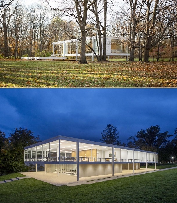 Ярким примером минимализма в дизайне экстерьеров является Дом Фарнсуорт или Стеклянный дом среди живописной природы Плано (штат Иллинойс, построен в 1951 г.).