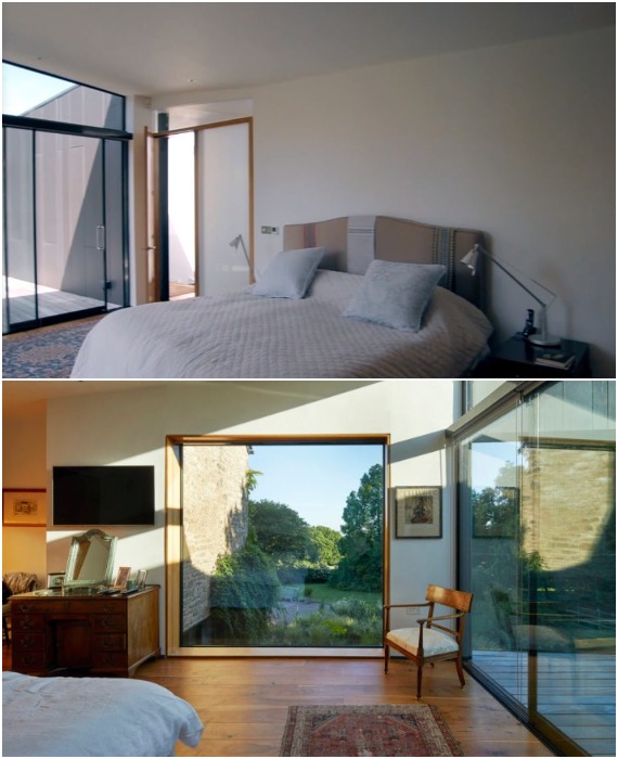 В интерьере спальных комнат ничего не отвлекает от живописного пейзажа за огромными окнами (House on the Hill, Глостершир).